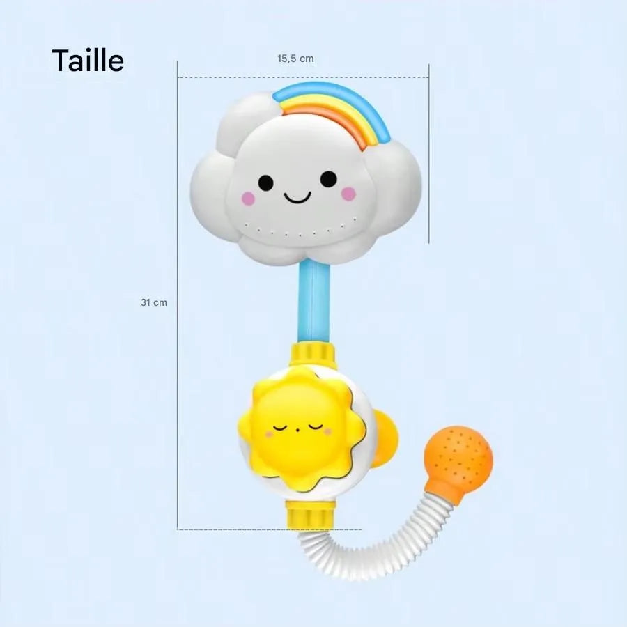 Jouet bain bébé nuage arc-en-ciel avec dimensions 15,5 x 31 cm sur fond bleu clair