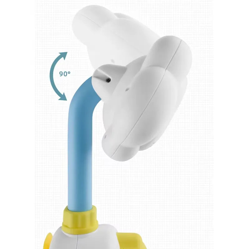 Tête nuage jouet bain bébé pivotant à 90 degrés sur tige bleue fond blanc
