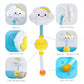 Schéma fonctionnalités jouet nuage bain bébé : jets, ventouses, rotation, pression