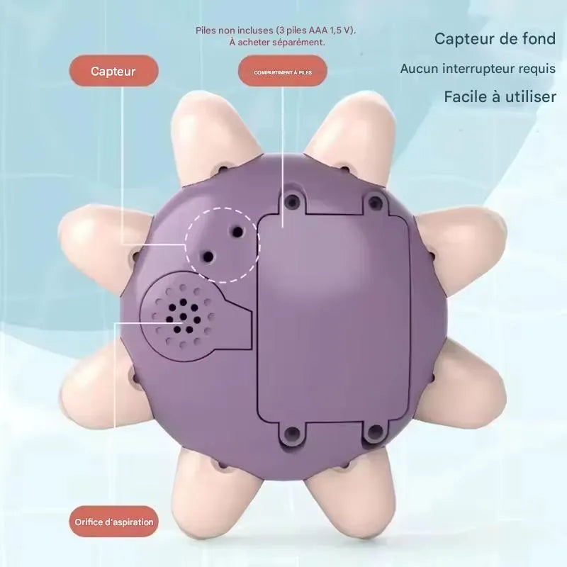 Capteur automatique et compartiment piles du jouet de bain bébé pieuvre