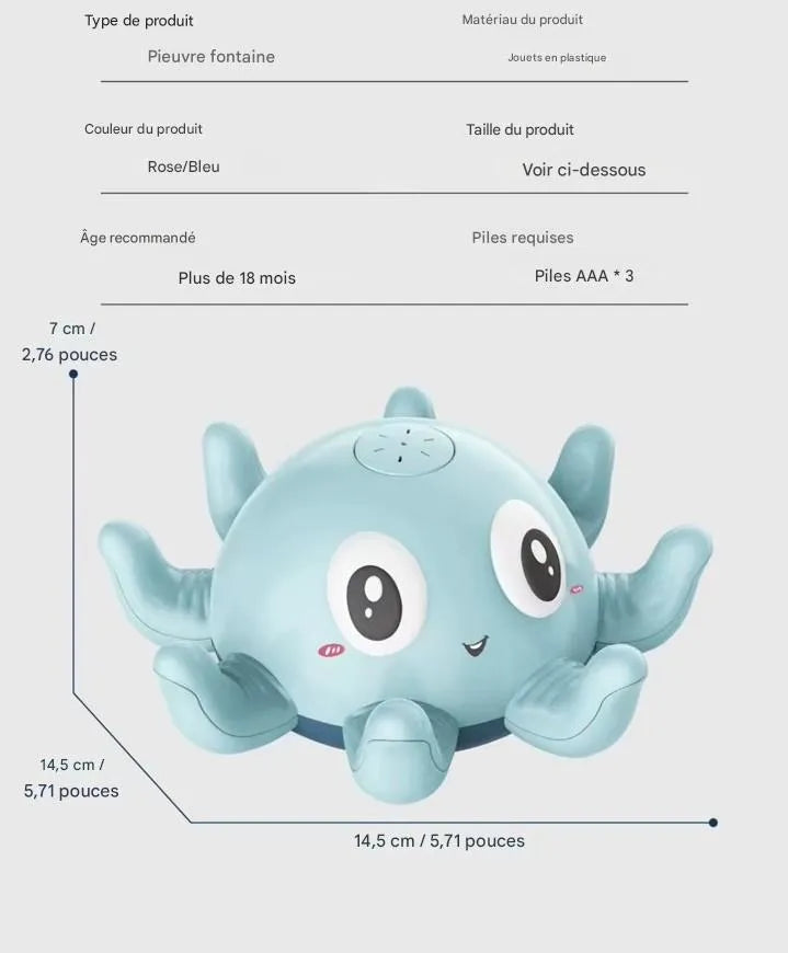 Dimensions et forme sécurisée du jouet de bain bébé pieuvre fontaine