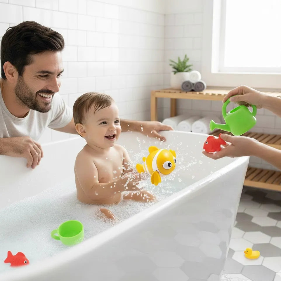 Papa et maman jouent avec leur bébé avec un jouet en forme de poisson.