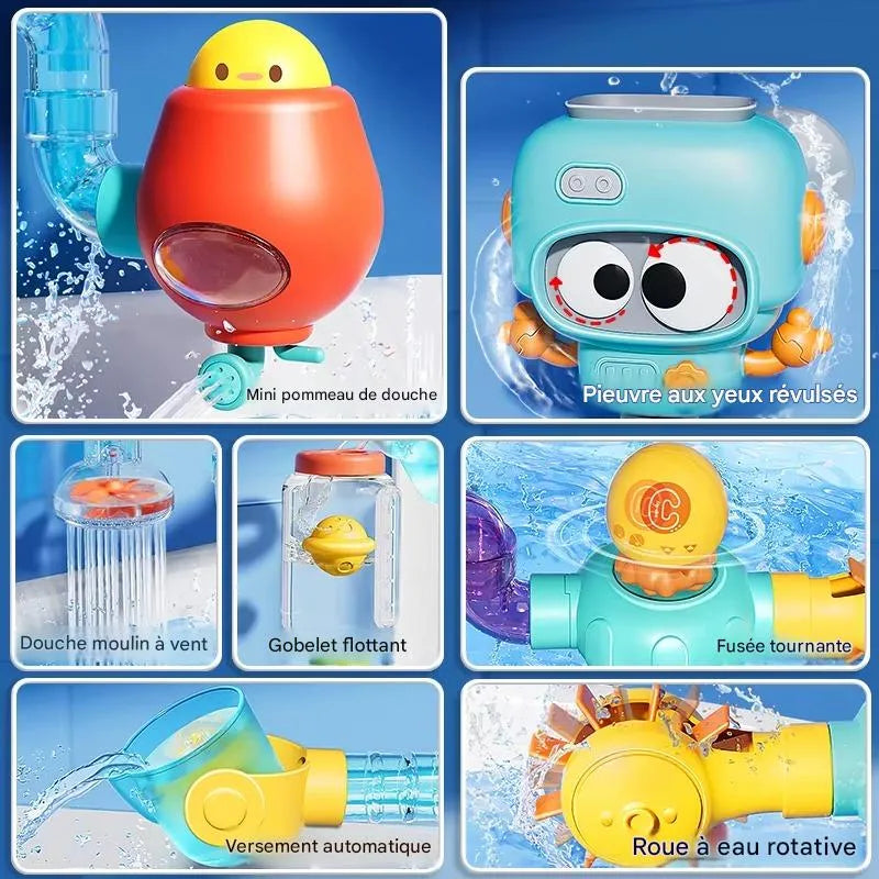 Détail des pièces jouet bain robot : mini pommeau, gobelet flottant, roue à eau