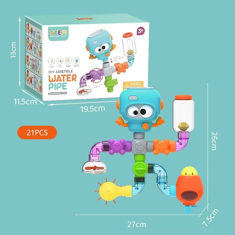 Jouet bain bébé robot tuyaux 21 pièces avec boîte STEM sur fond turquoise