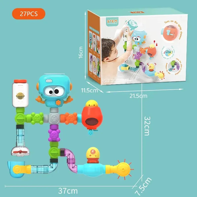 Jouet bain bébé robot tuyaux 27 pièces avec boîte STEM sur fond turquoise