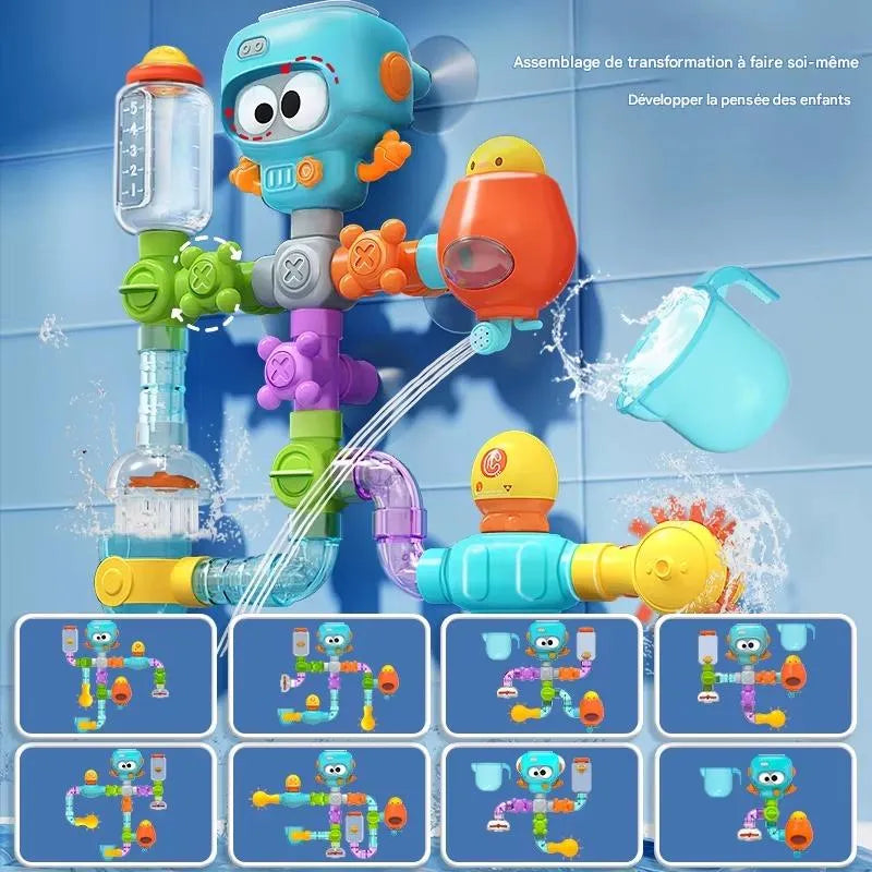 Jouet robot tuyaux bain bébé fixé sur carrelage avec configurations multiples