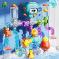 Jouet robot bain bébé tuyaux multicolores fixé sur carrelage avec eau qui coule