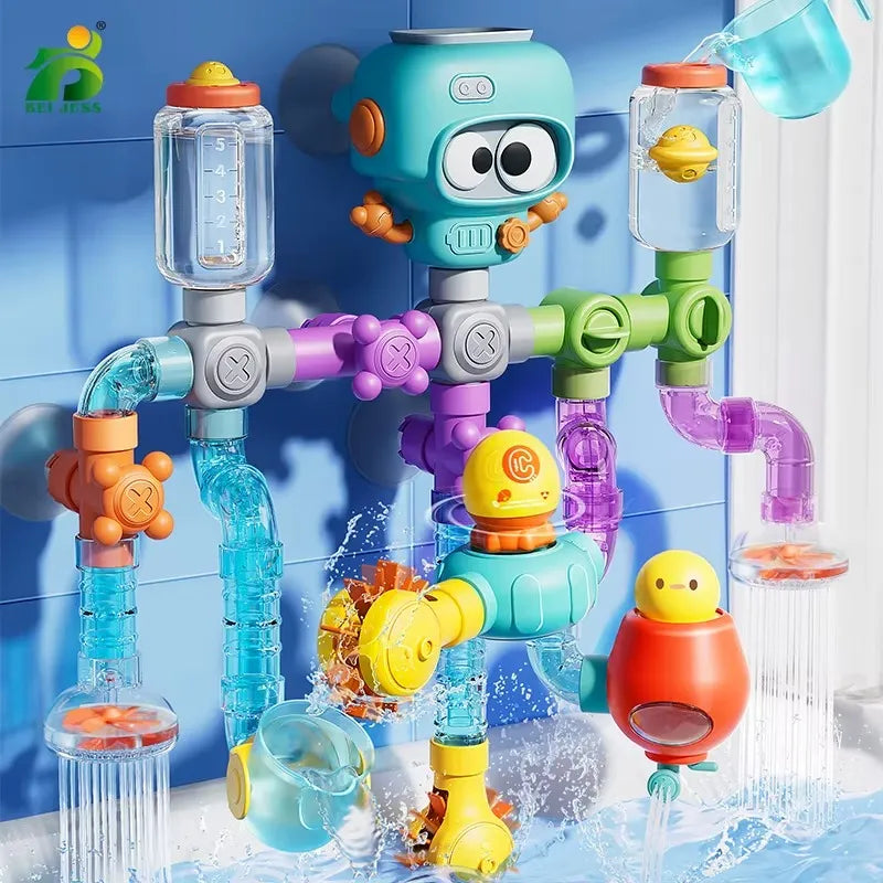 Jouet robot bain bébé tuyaux multicolores fixé sur carrelage avec eau qui coule