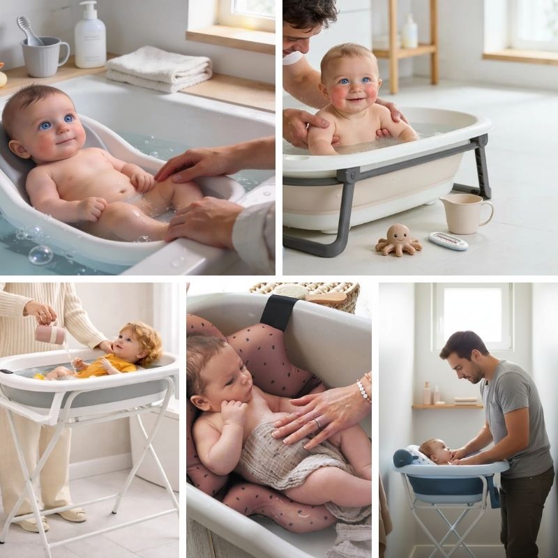 Différentes organisations du bain de bébé selon l’espace disponible et les besoins du quotidien.
