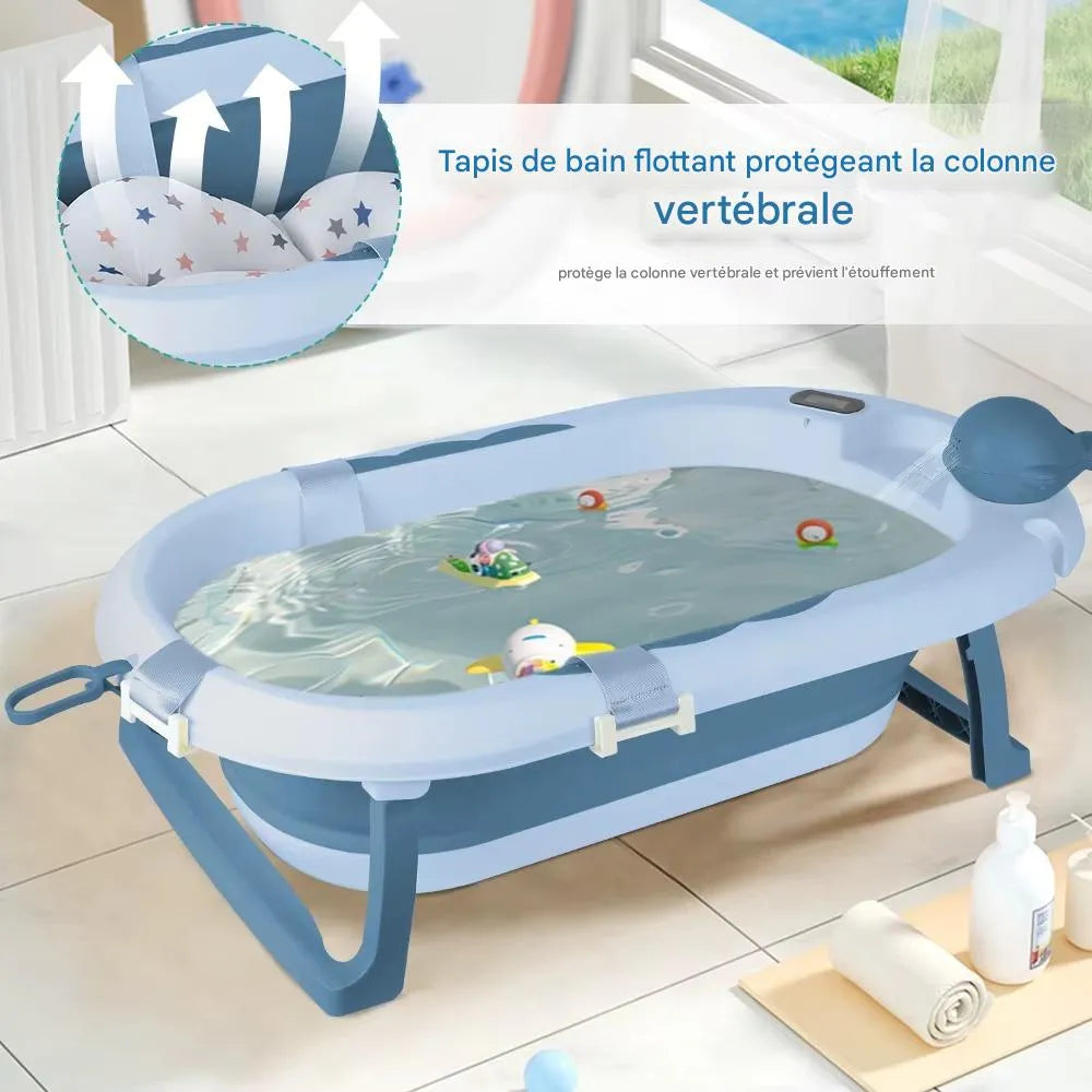 Coussin flottant de maintien installé dans une baignoire bébé bleue