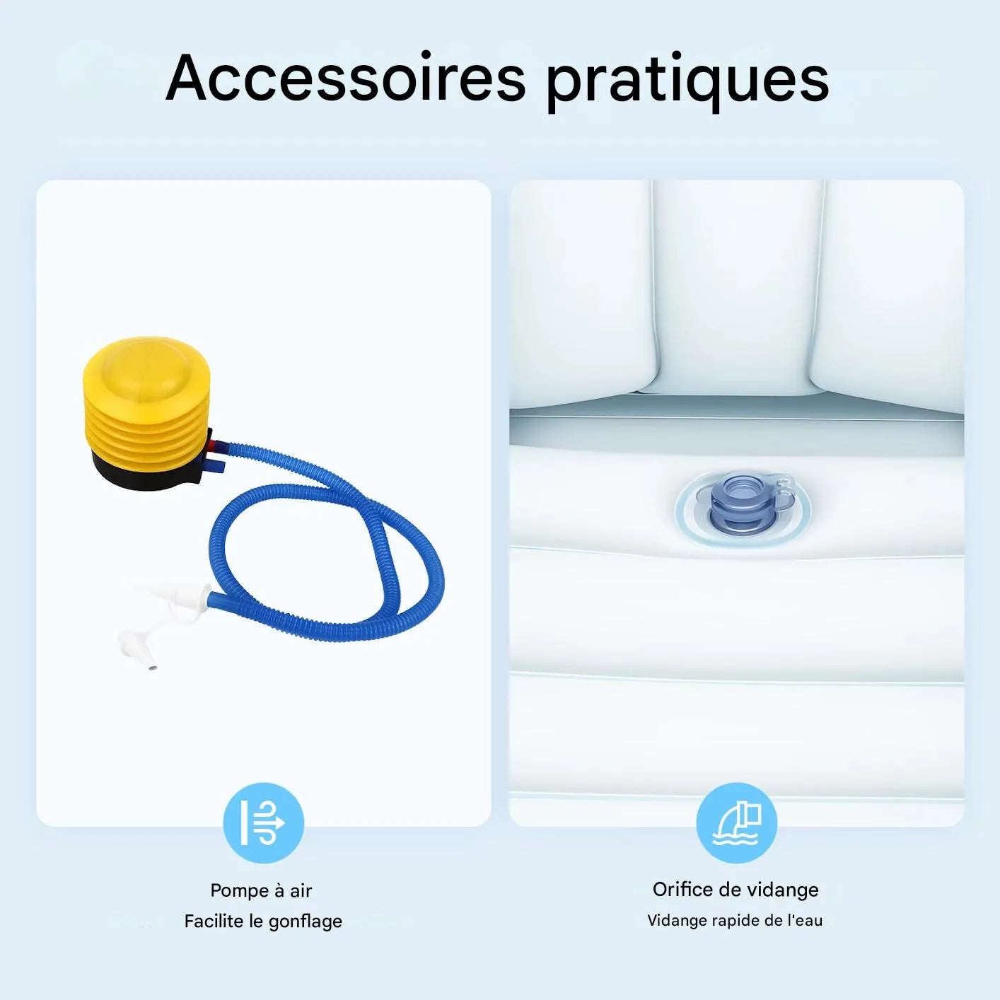 Pompe à air et orifice de vidange d’une baignoire bébé gonflable