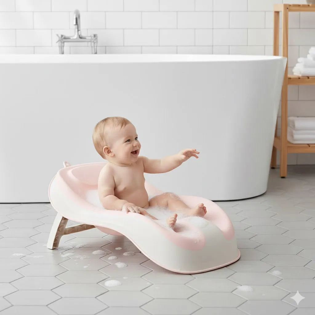 Transat de bain pour bébé avec thermomètre intégré. Bébé est confortablement installé pendant le bain, même tout seul.l