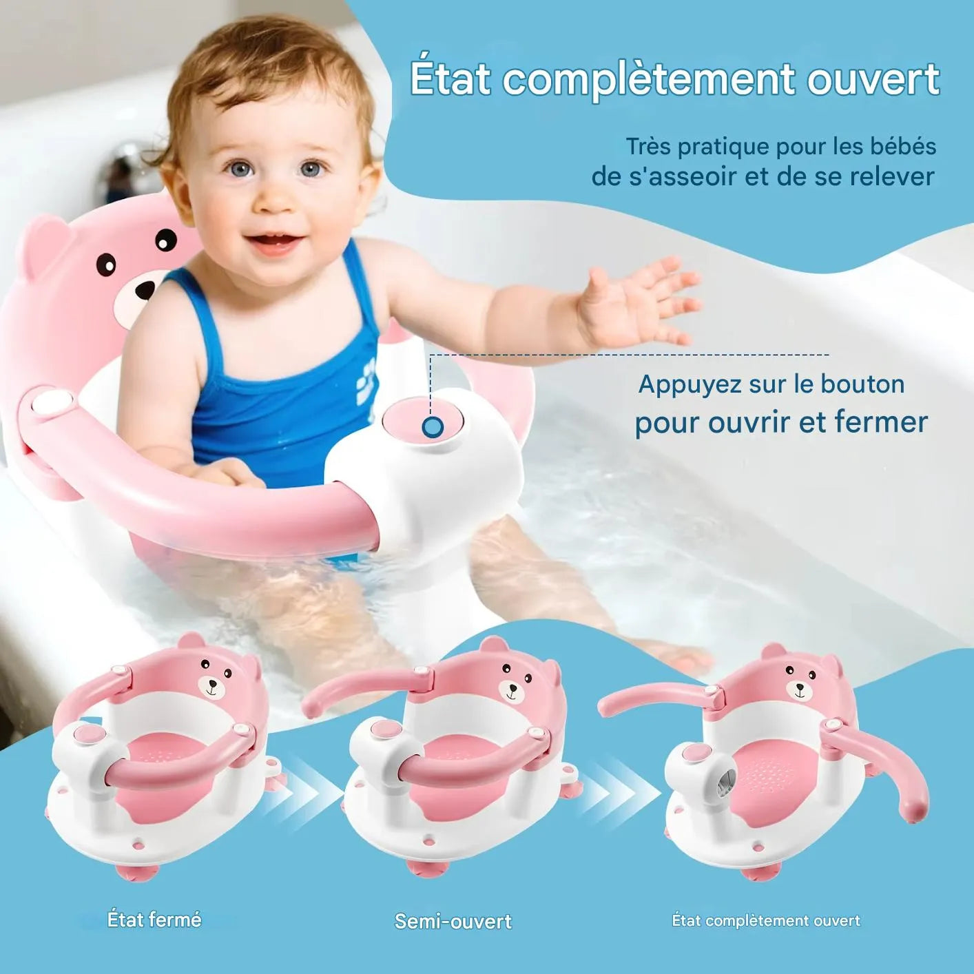 Accoudoirs ouvrables du siège de baignoire bébé enveloppant pour installer bébé facilement