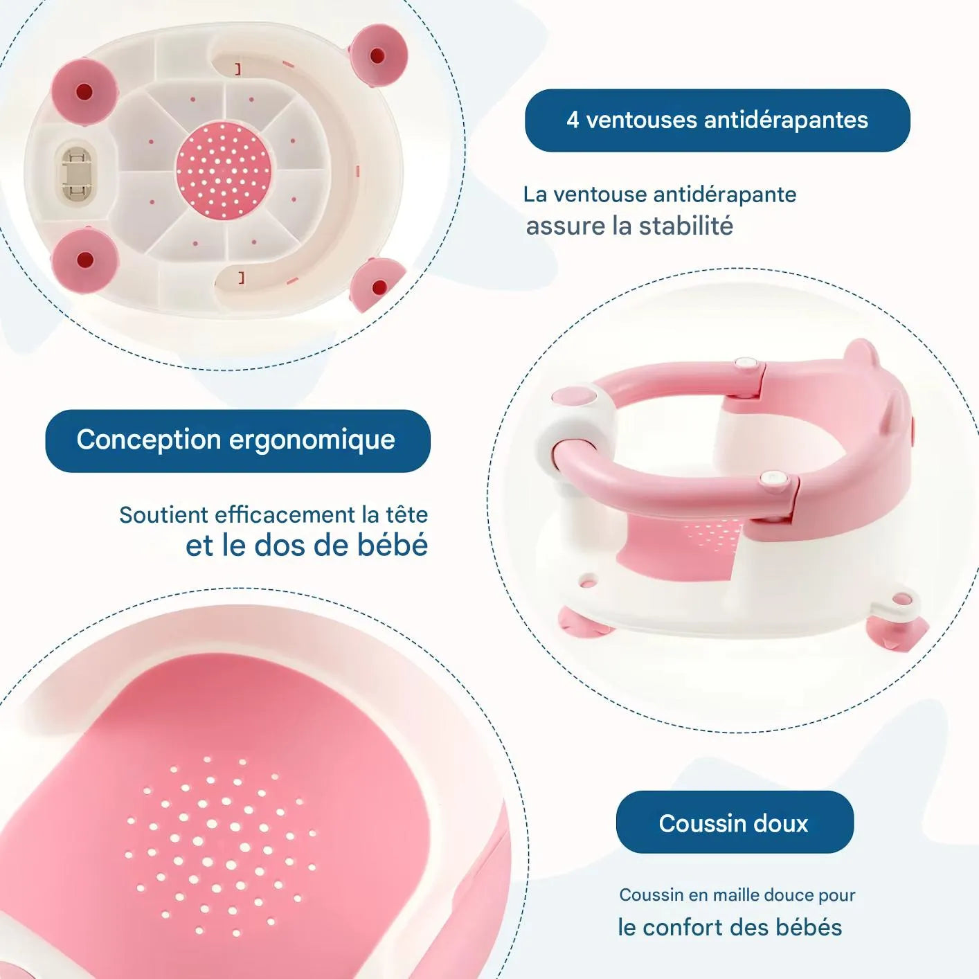 Assise drainante et respirante du siège de baignoire bébé enveloppant protection 360°