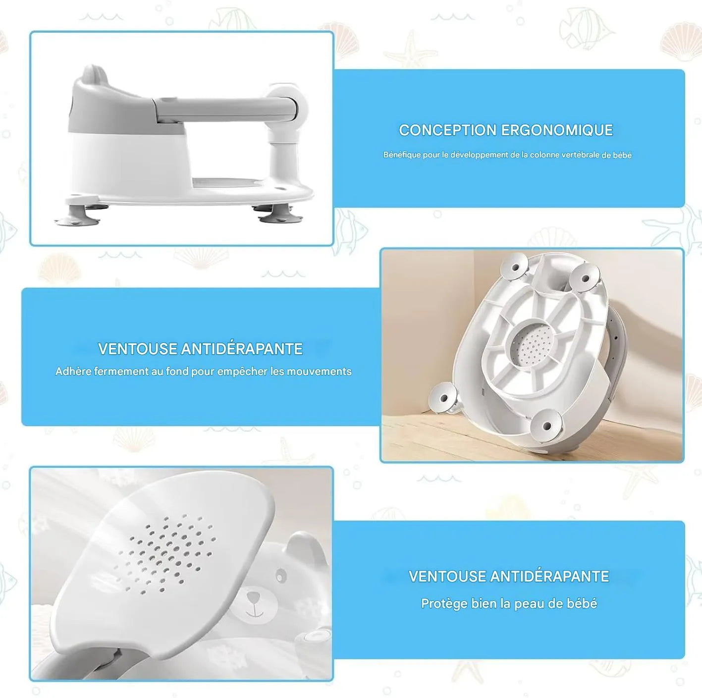 Dossier ergonomique du siège de baignoire bébé enveloppant pour un bon maintien du dos
