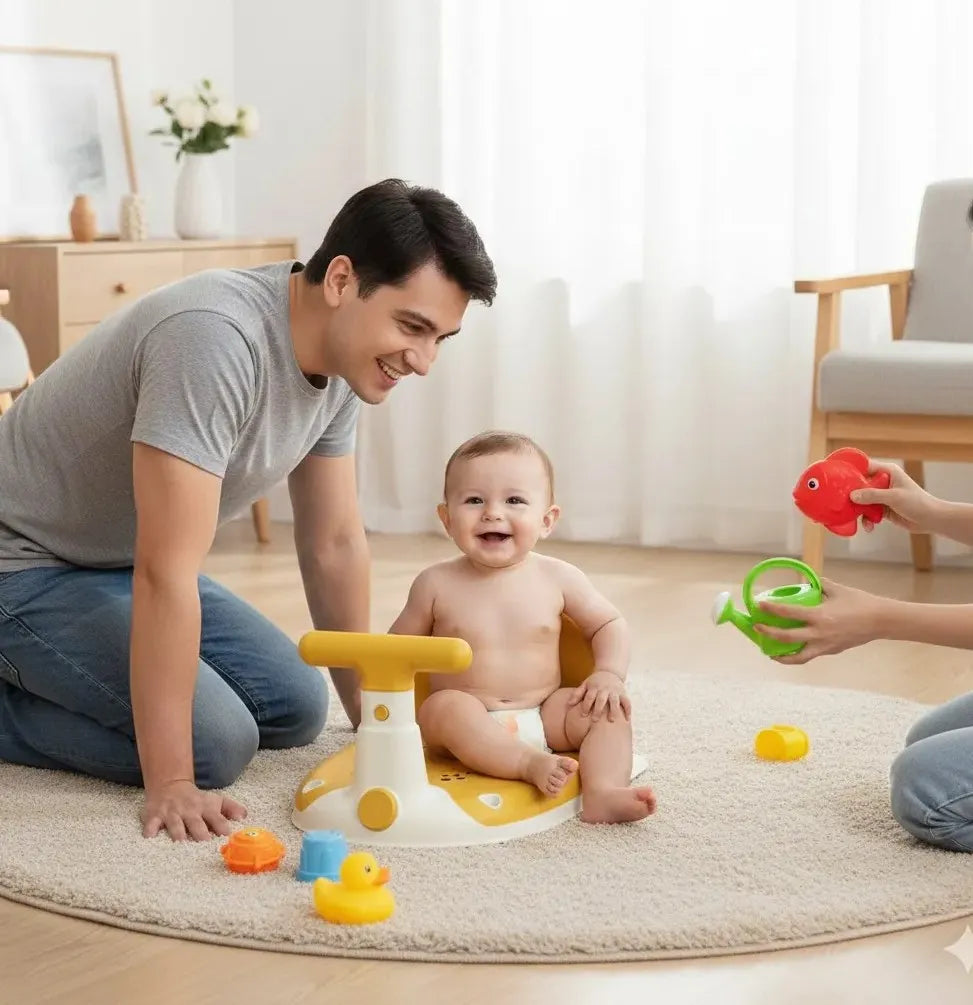 siège de baignoire bébé enveloppant avec maintien intégral et dossier haut avec bébé et ses parents