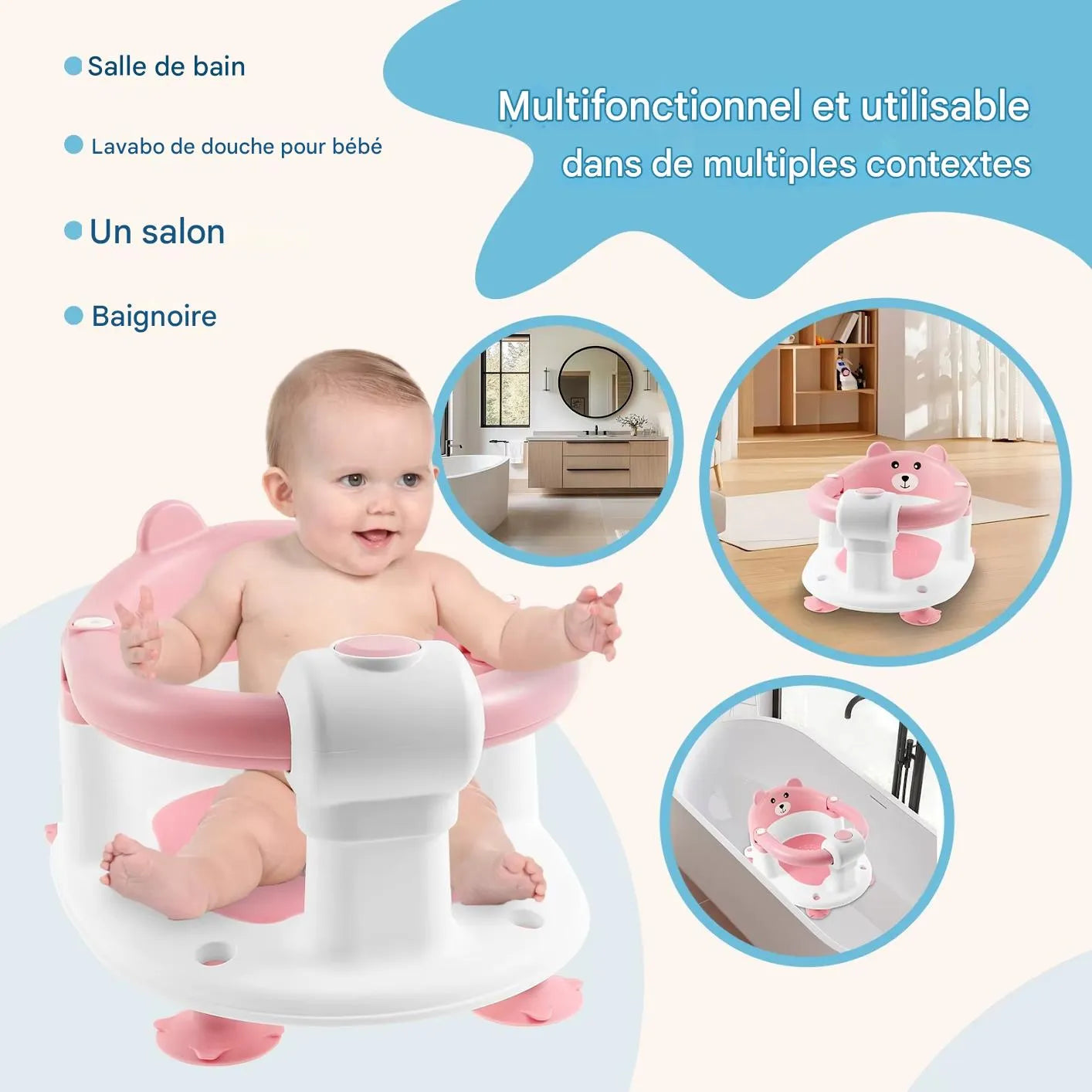 Bébé assis dans un siège de baignoire enveloppant avec protection 360° pour un bain en toute sécurité
