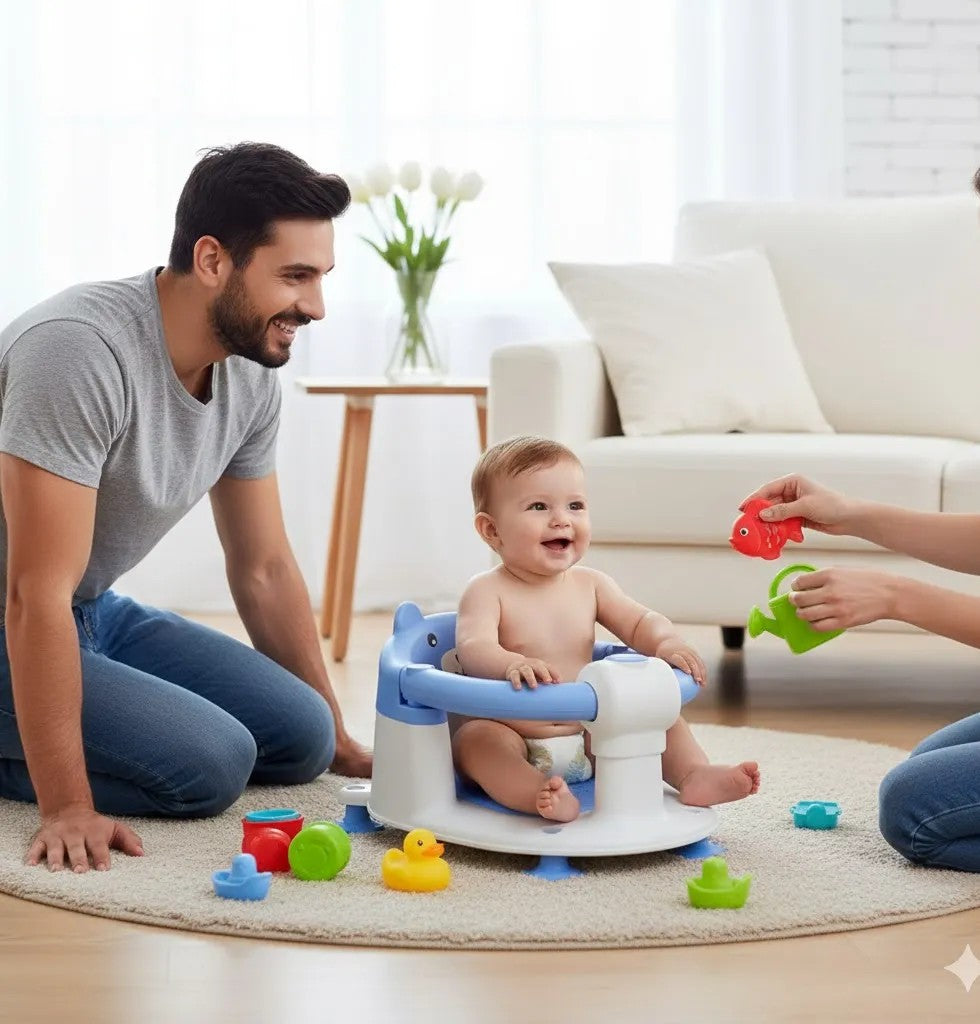 Siège-baignoire enveloppant pour bébé avec protection à 360° pour papa et maman avec bébé dans le salon.