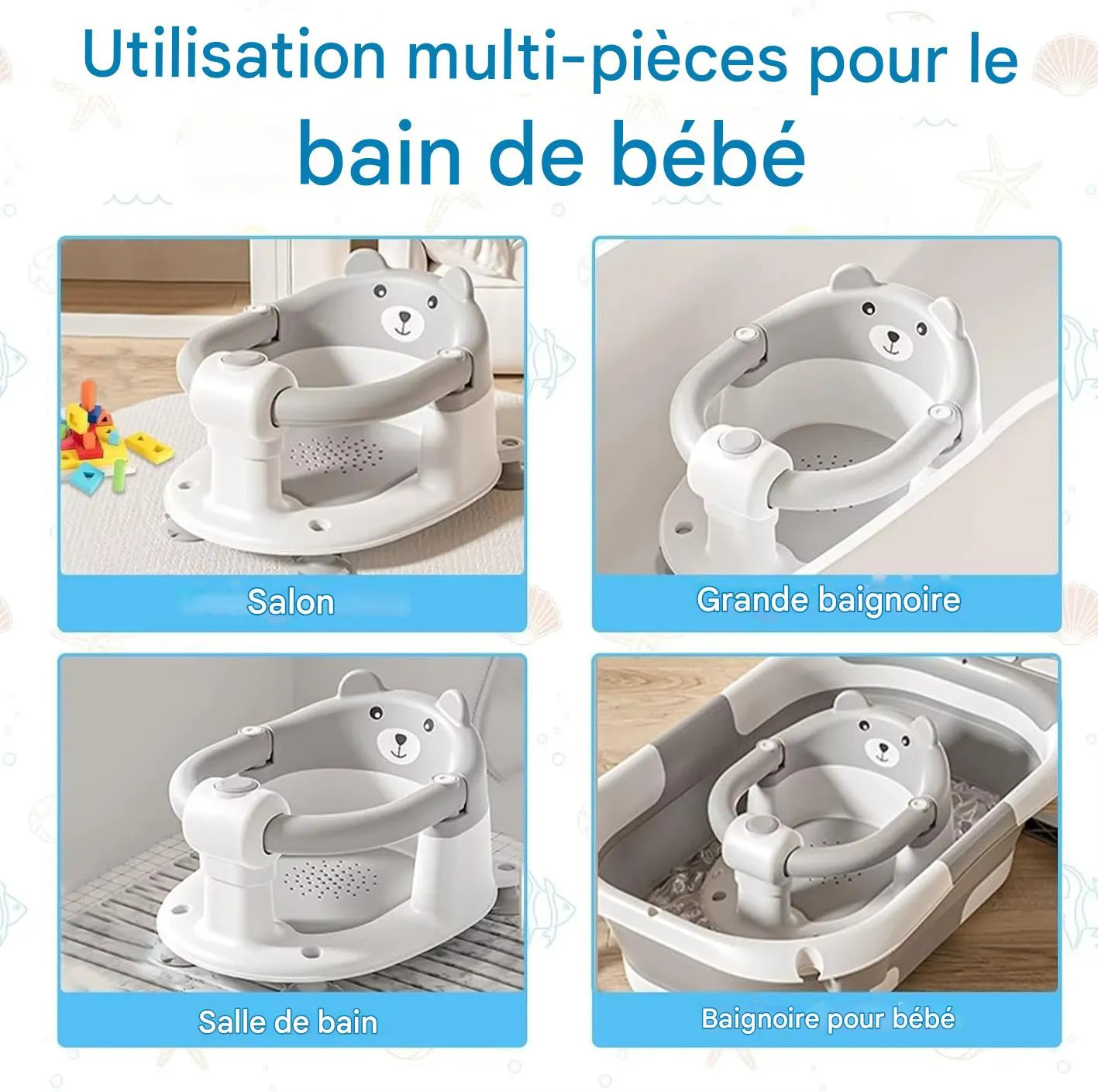 Siège de baignoire bébé protection 360° utilisable dans la baignoire ou sur surface plane