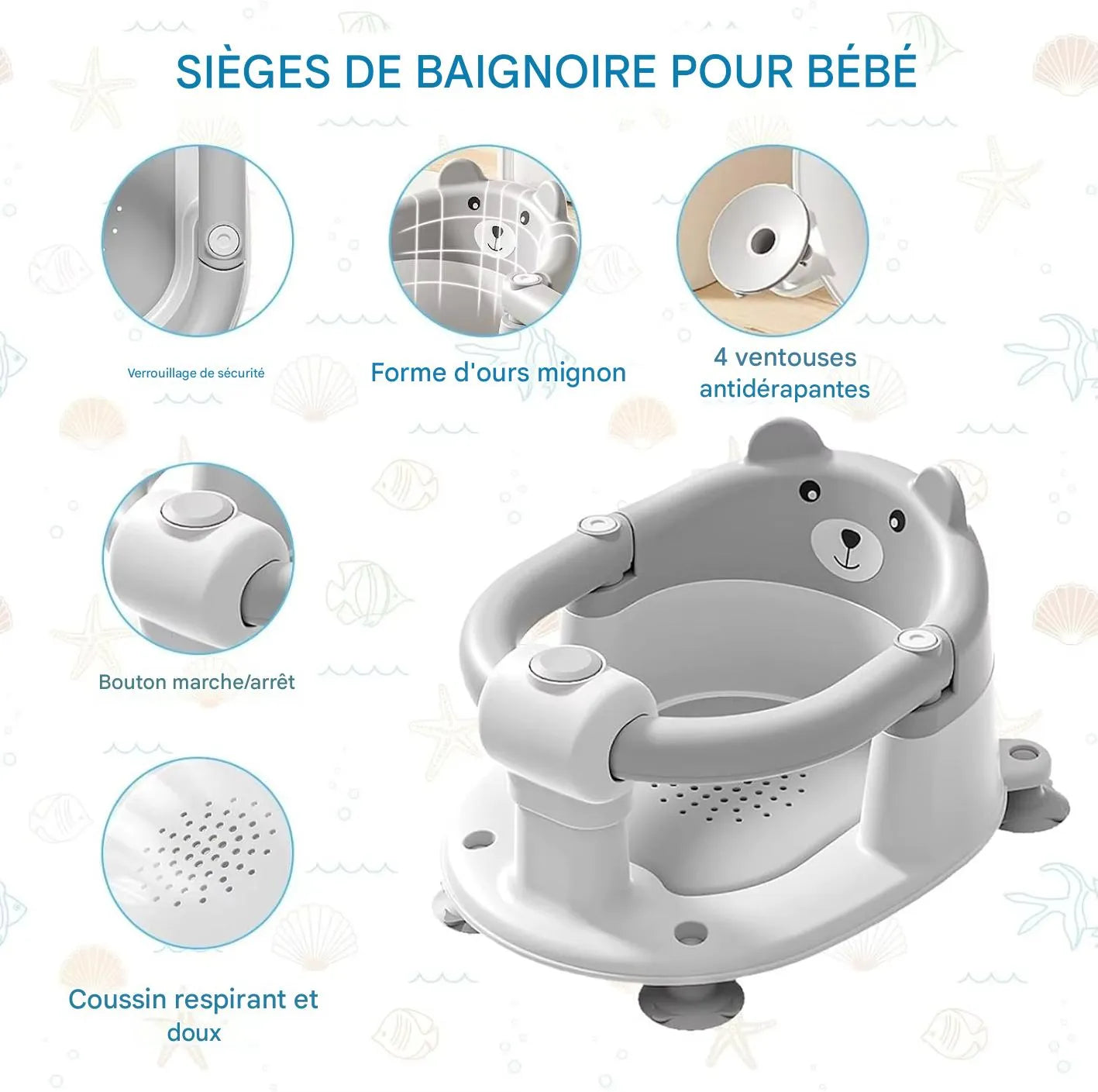Ventouses antidérapantes assurant la stabilité du siège de baignoire bébé protection 360°