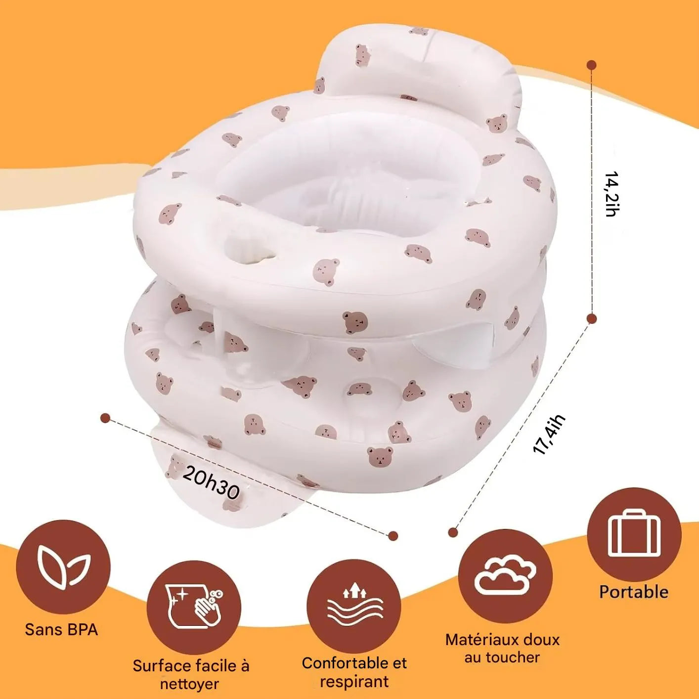 détail des caractéristiques techniques du siège gonflable bain-bébé.
