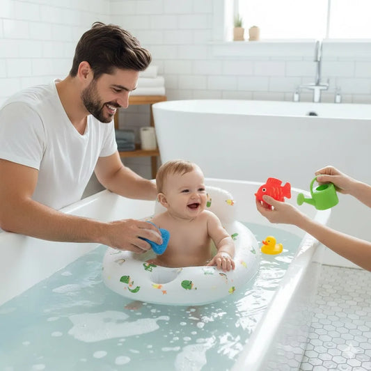 Siège de bain gonflable pour bébé avec protection à 360° et cocon pour bébé avec papa et maman.
