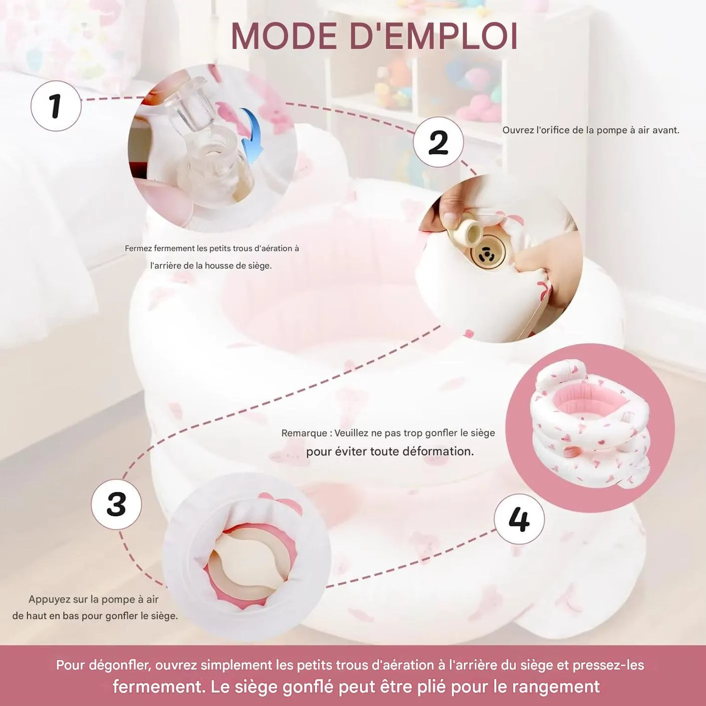 Siège de bain gonflable avec protection et système de gonflage.