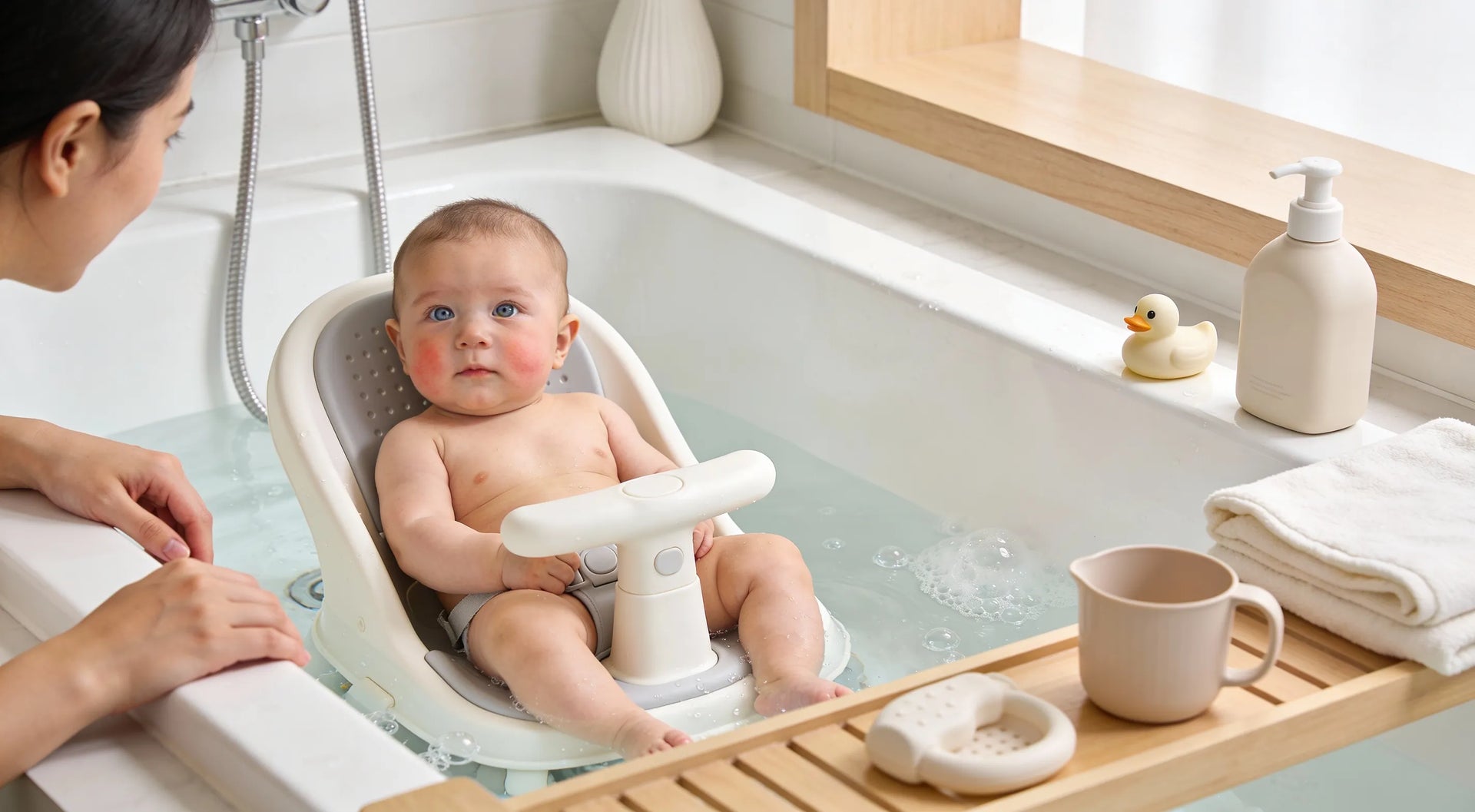  Siège bébé pour baignoire en position assise avec sa maman