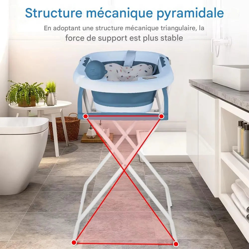 Structure triangulaire stable d’une baignoire bébé sur pied dans une salle de bain