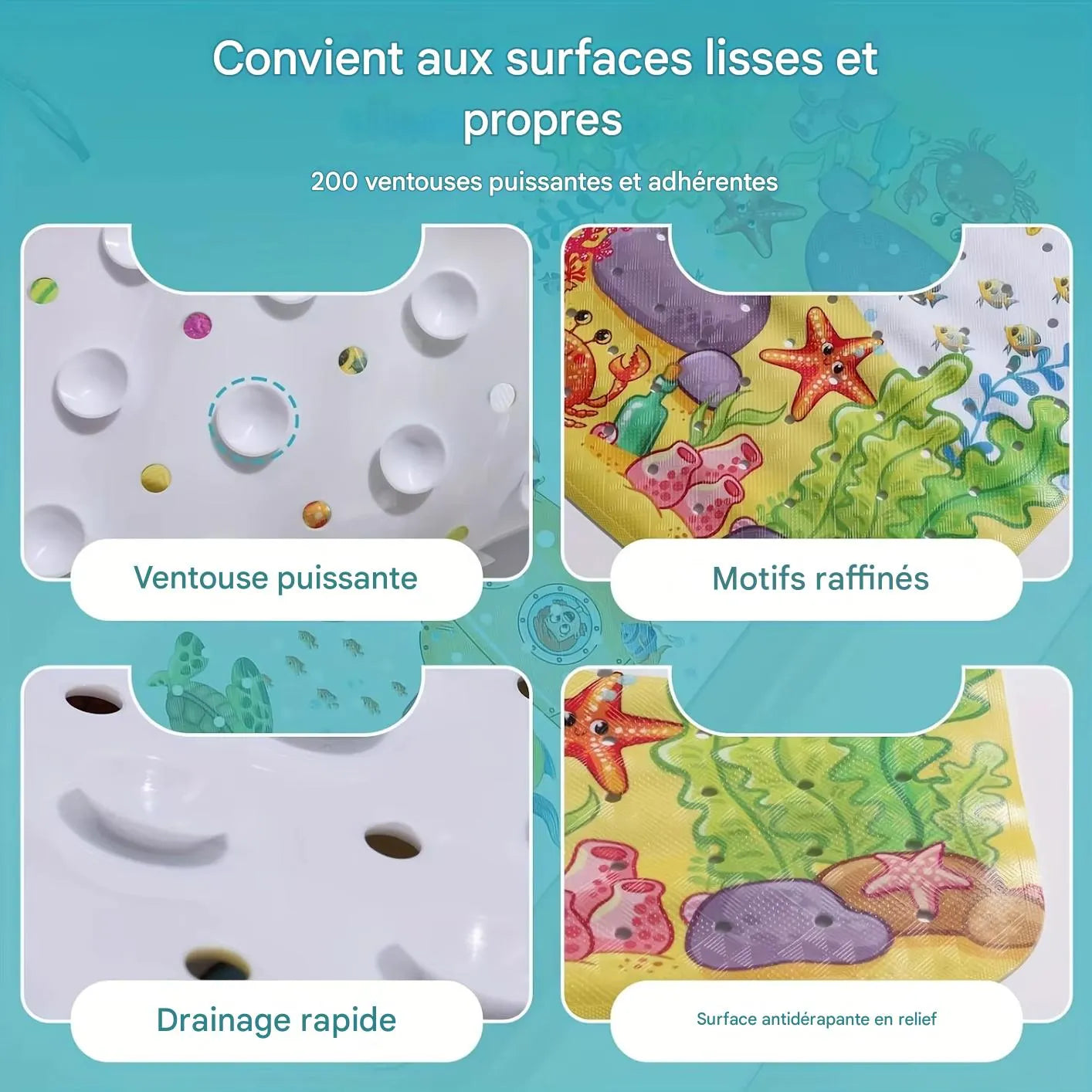 Détails du tapis de bain bébé antidérapant avec ventouses puissantes, trous de drainage et surface texturée
