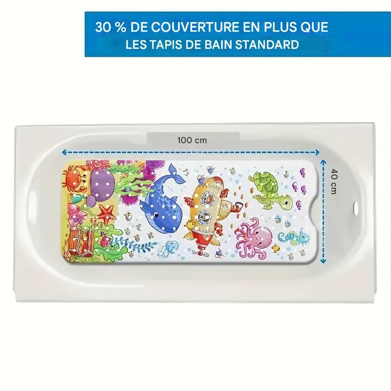 Tapis de bain bébé antidérapant grande taille 40x100 cm avec motifs marins couvrant toute la baignoire