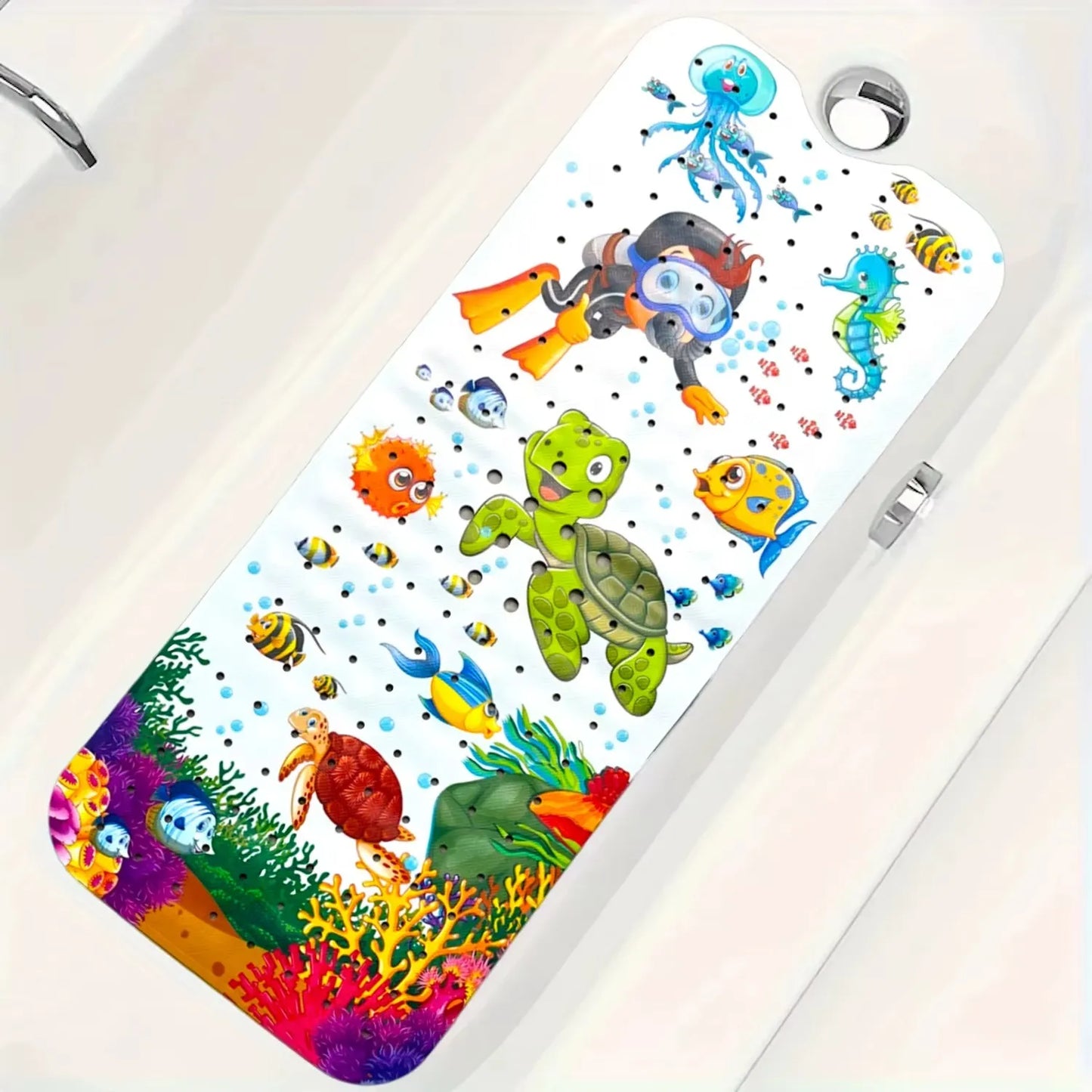 Tapis de bain pour bébé à motifs marins plongeur, à poser au fond de la baignoire.