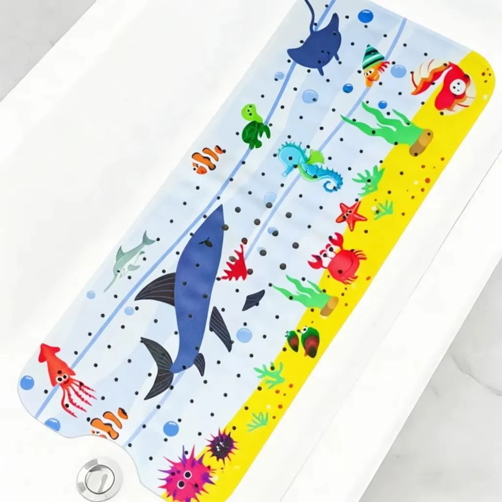 Tapis de bain pour bébé à motifs marins roquin, à poser au fond de la baignoire.