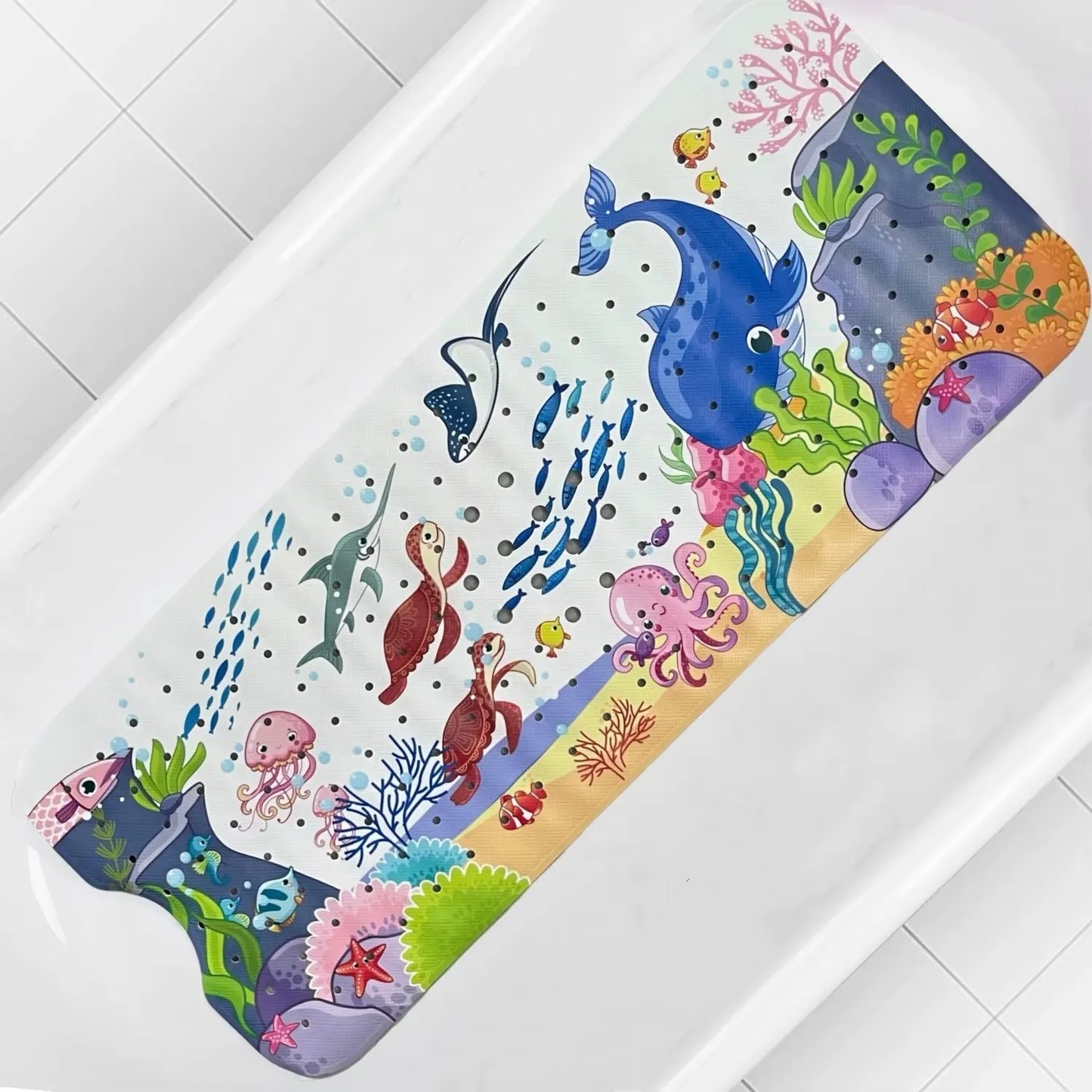 Tapis de bain pour bébé aux motifs marins, à poser au fond de la baignoire. Variante avec une baleine et une tortue.