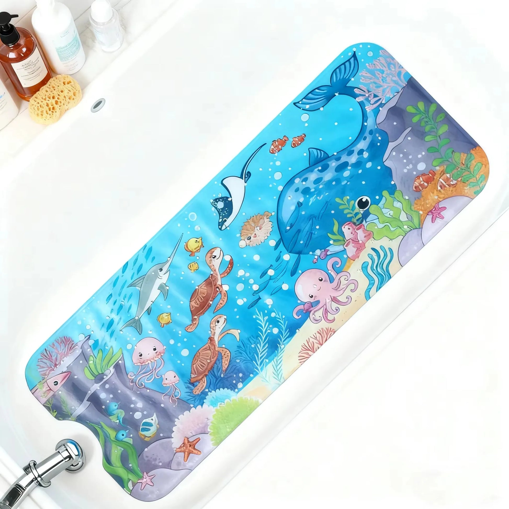 Tapis de bain pour bébé à motifs marins, à poser au fond de la baignoire.