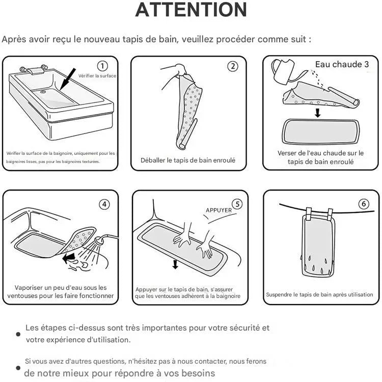 Schéma d’installation du tapis de bain bébé antidérapant montrant les étapes de pose et de fixation sécurisée