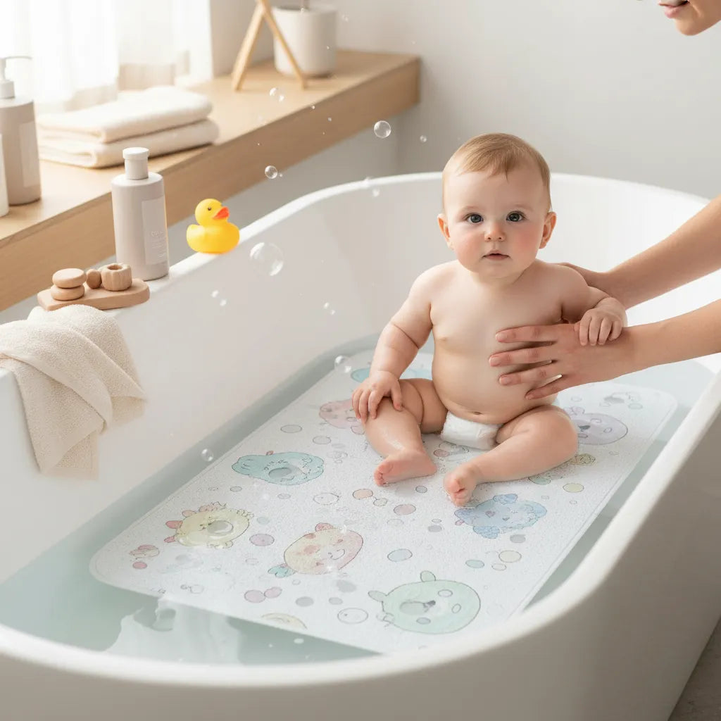  Tapis de bain bébé posé sur le sol de la salle de bain