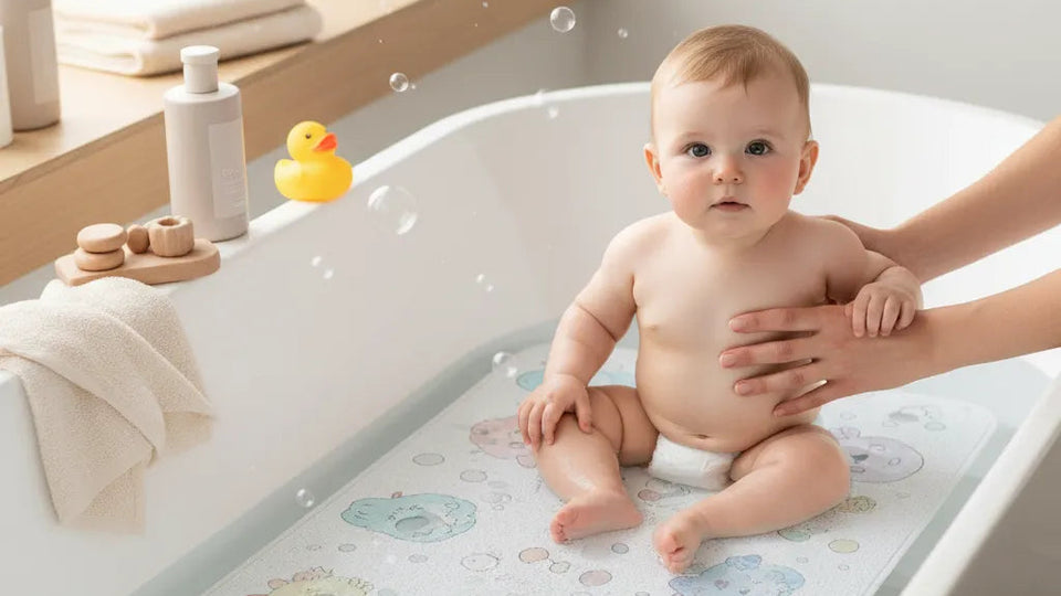  Tapis de bain bébé posé sur le sol de la salle de bain