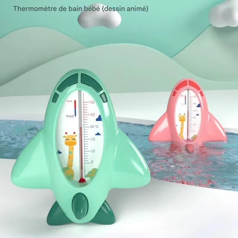 Thermomètre de bain bébé flottant en forme d’avion, disponible en plusieurs couleurs, lisible directement dans l’eau.