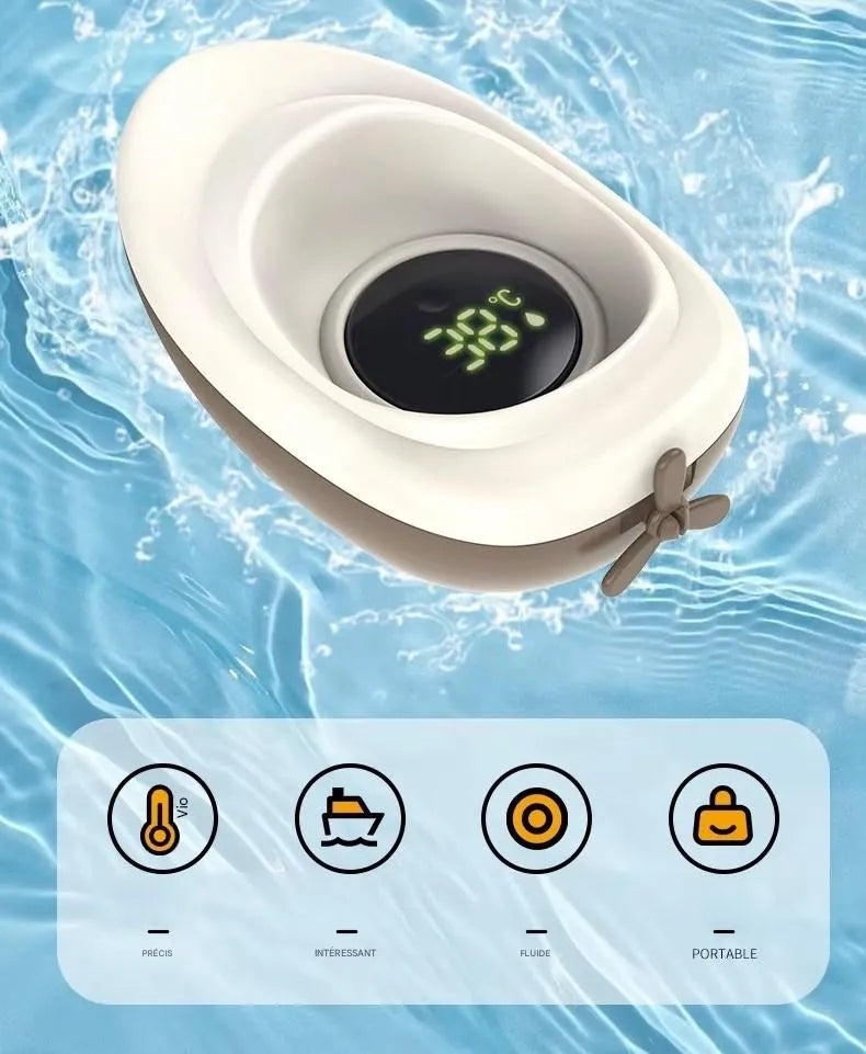 Thermomètre de bain bébé flottant en forme de bateau avec écran digital affichant la température de l’eau