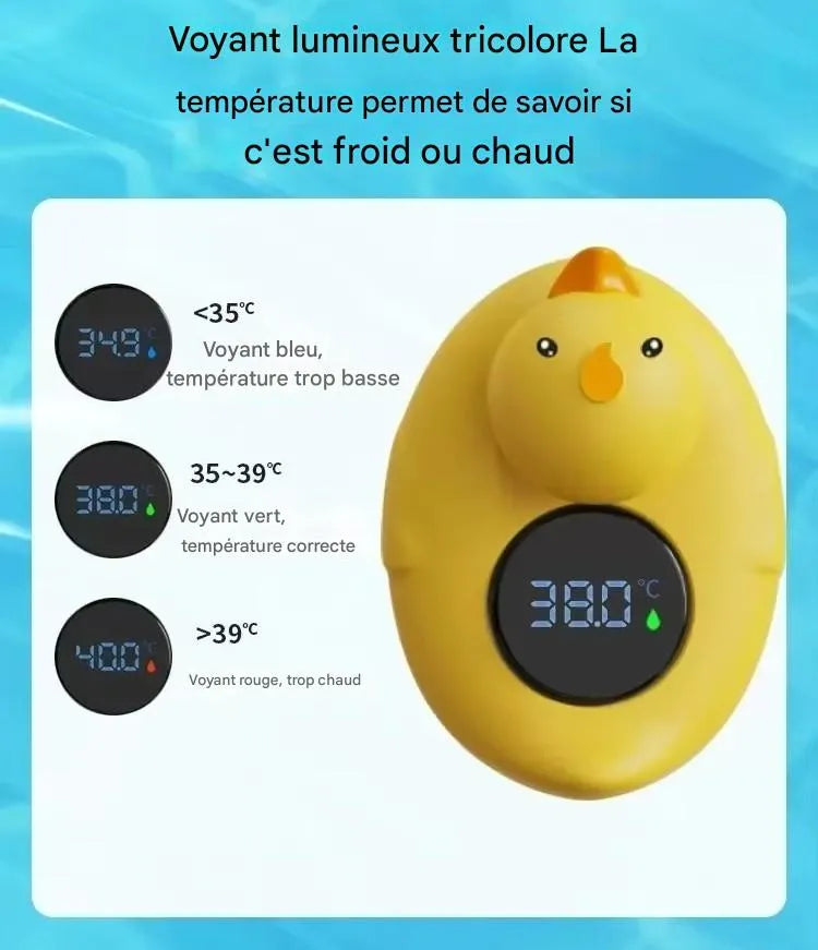 Thermomètre de bain bébé canard avec voyant lumineux tricolore indiquant eau froide, correcte ou trop chaude