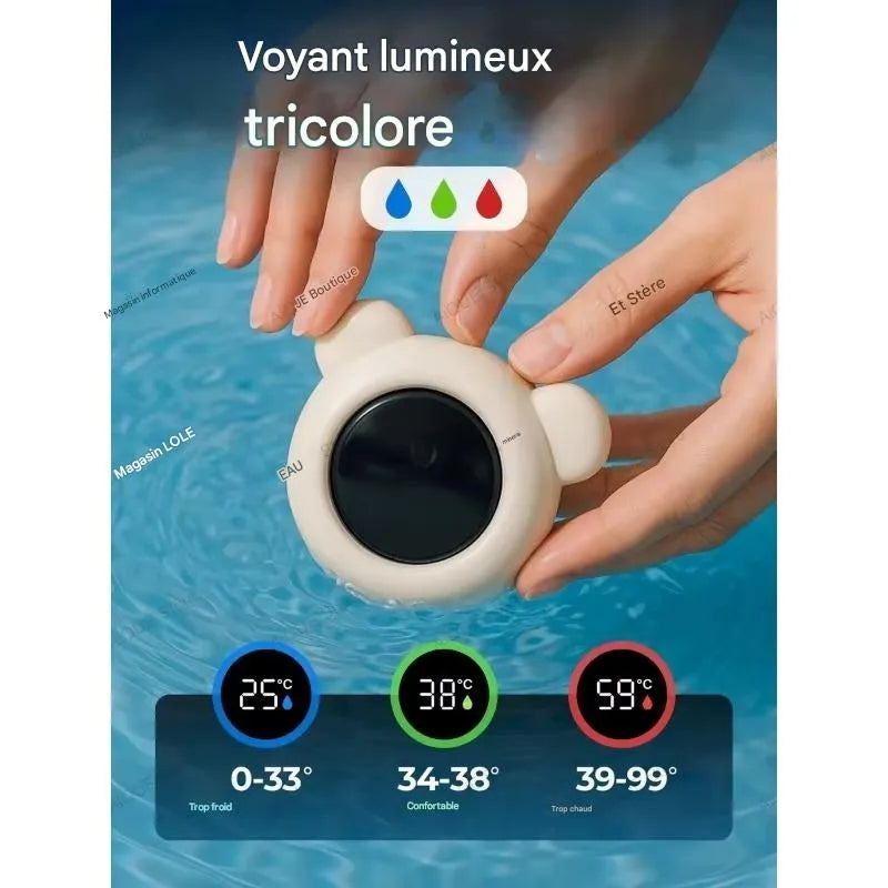 Thermomètre de bain bébé ourson avec voyant tricolore indiquant eau froide, idéale ou trop chaude