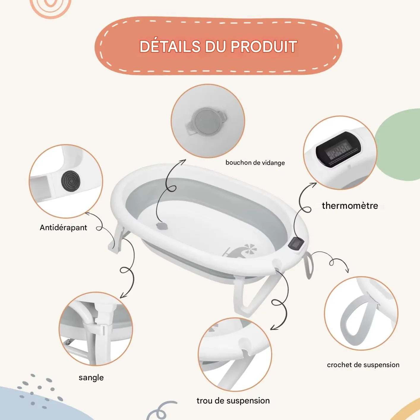 Thermomètre intégré sur baignoire bébé pour contrôle de la température de l’eau