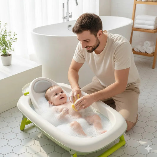 Transat-baignoire pour bébé : papa en train de laver son bébé.