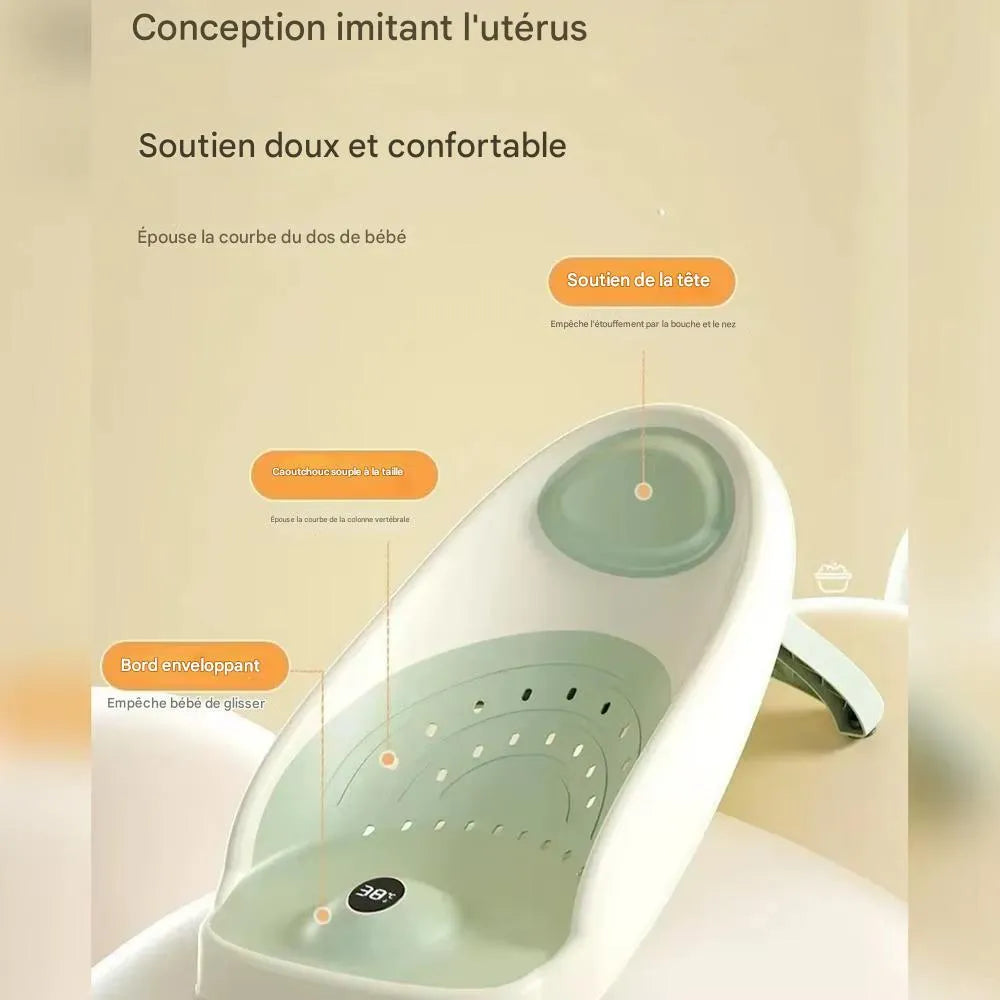 Transat de baignoire bébé ergonomique avec thermomètre intégré et maintien du dos et de la tête anti glissement