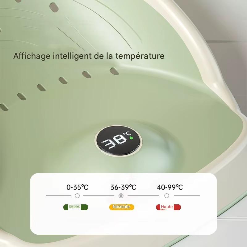 Transat de baignoire bébé avec thermomètre intégré indiquant la température de l’eau en temps réel