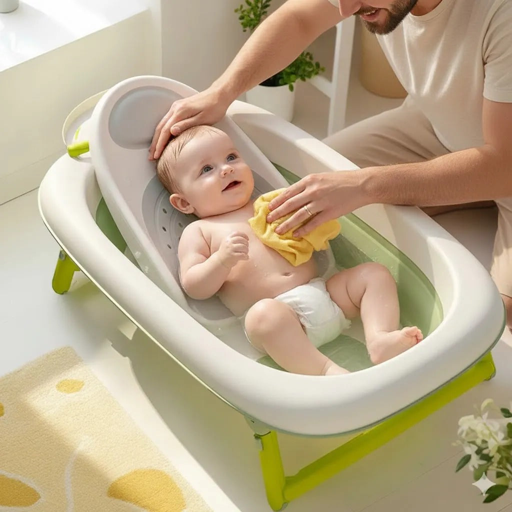 Transat de baignoire bébé, bébé confortablement installé pendant le bain