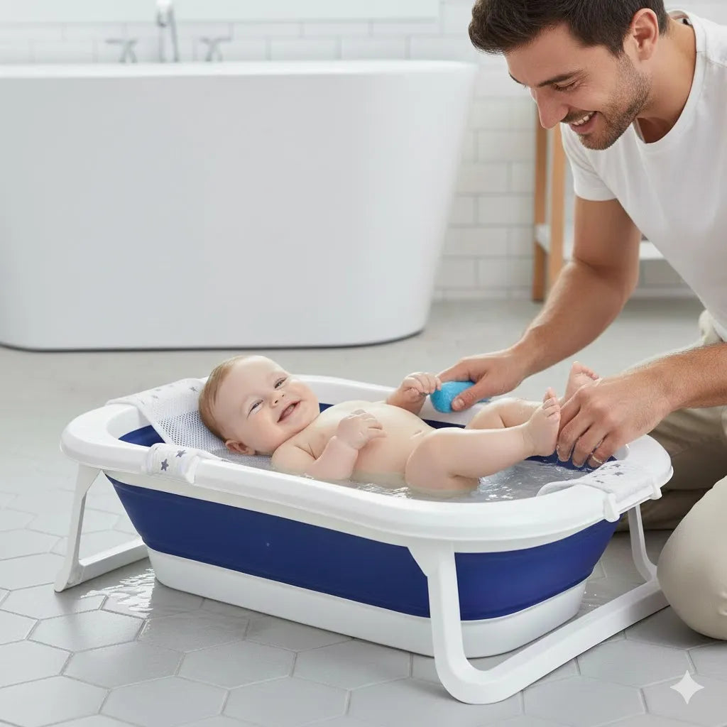 Transat de bain pour bébé avec papa en train de doucher son bébé.
