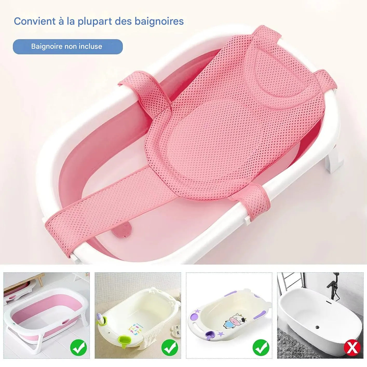 Transat de bain bébé en filet respirant compatible avec la plupart des baignoires