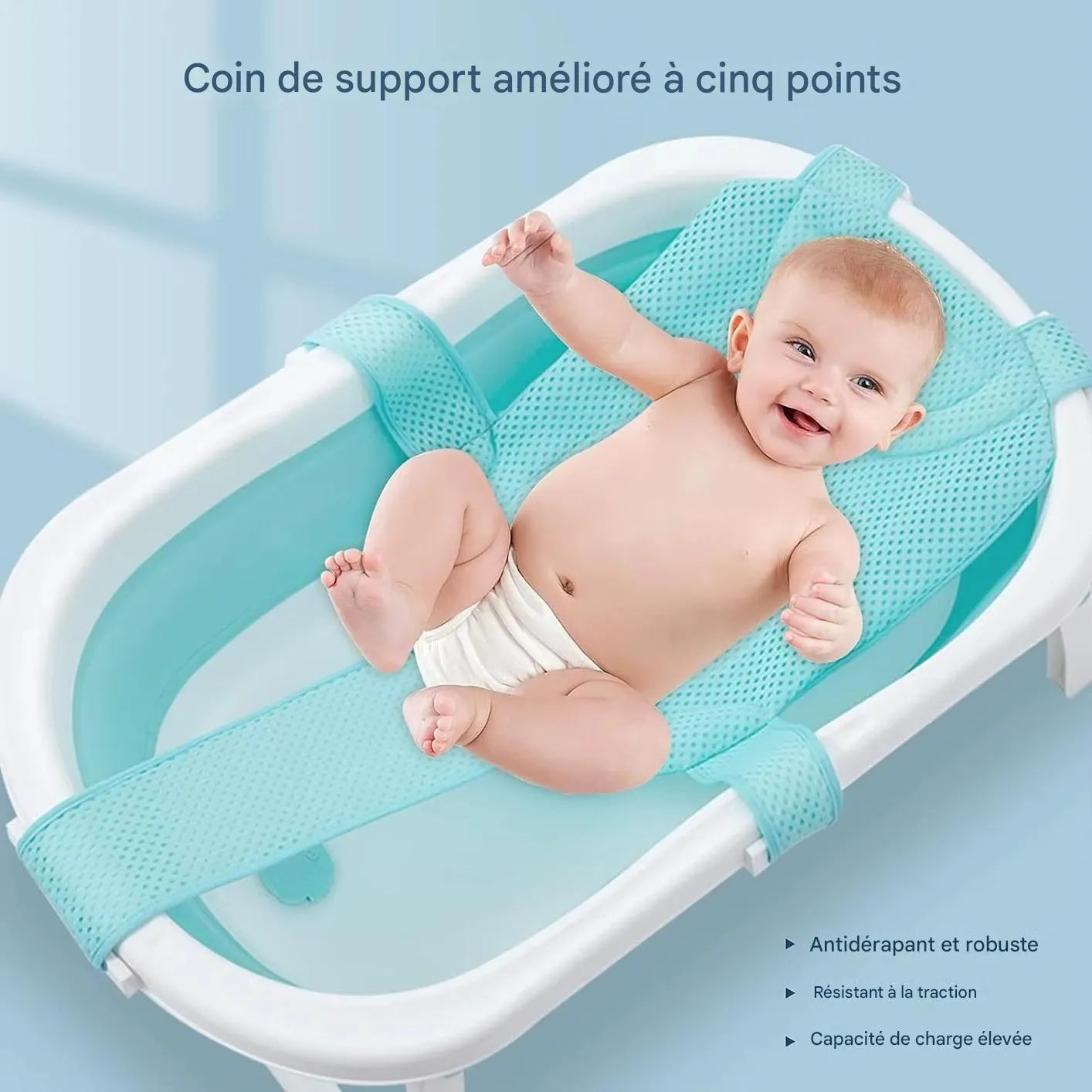 Fixation du transat de bain bébé en filet au bord de la baignoire 
